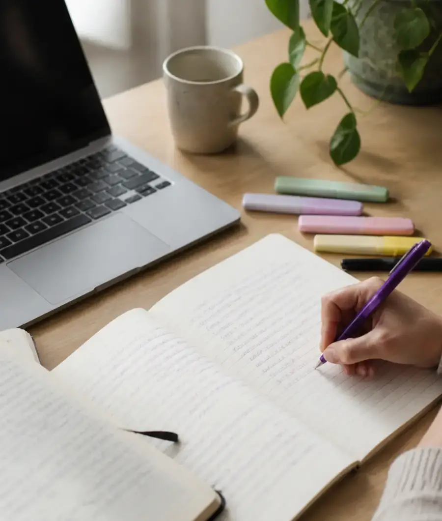 Main qui prend des notes à l’encre violette dans un cahier ouvert, sur un bureau lumineux avec ordinateur portable, surligneurs et tasse