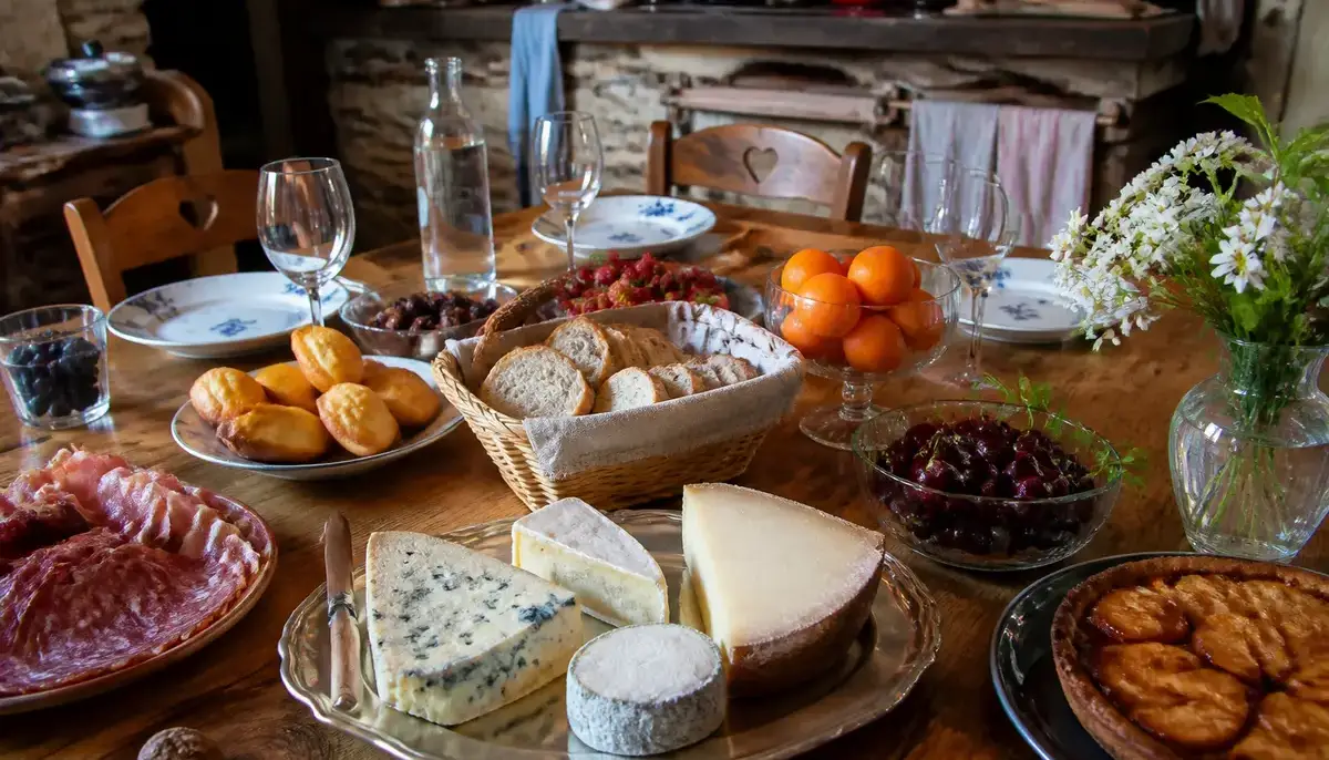 Table de dîner avec fromages, fruits, charcuterie à apprécier avec plaisir à la campagne.