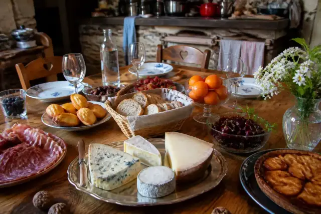 Table de dîner avec fromages, fruits, charcuterie à apprécier avec plaisir à la campagne.