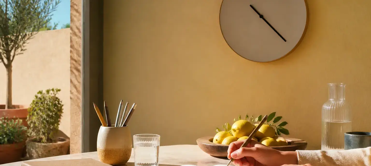 Une horloge murale ronde sur un mur ocre, au-dessus d’une table où une main écrit dans un carnet