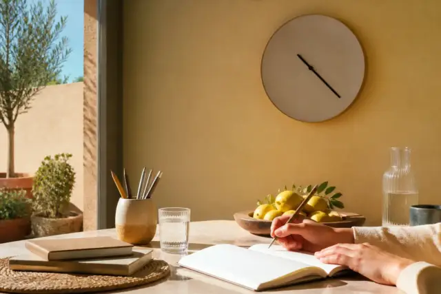 Une horloge murale ronde sur un mur ocre, au-dessus d’une table où une main écrit dans un carnet