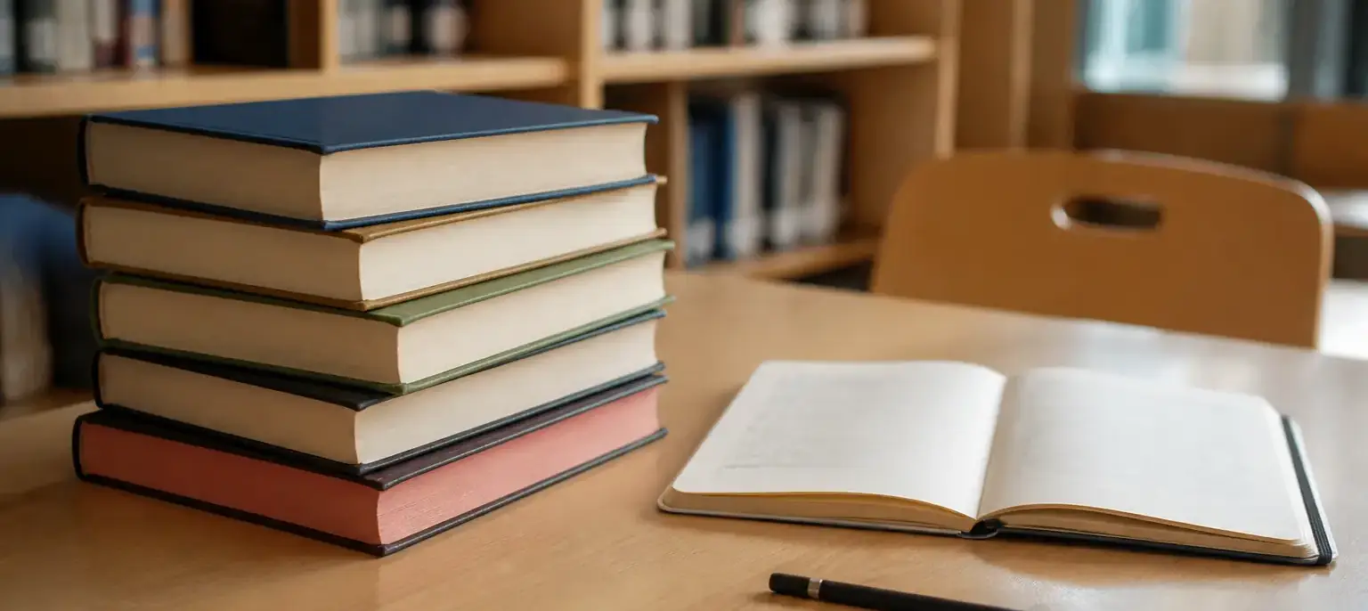 Une pile de romans en langue étrangère et un carnet de vocabulaire ouvert sur une table de bibliothèque
