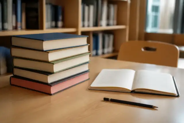 Une pile de romans en langue étrangère et un carnet de vocabulaire ouvert sur une table de bibliothèque
