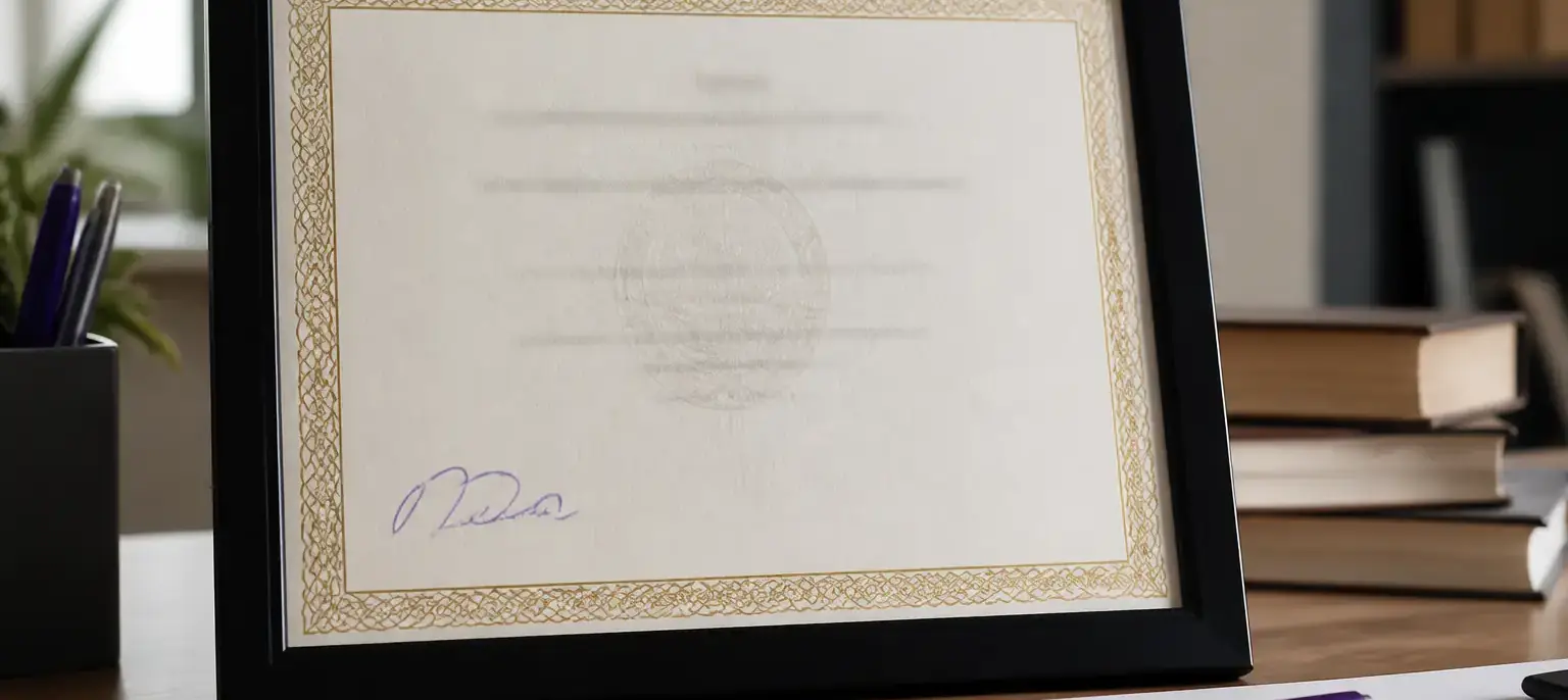 Un diplôme encadré posé sur un bureau de bois, annoté d’un trait d’encre violette au bas de la page