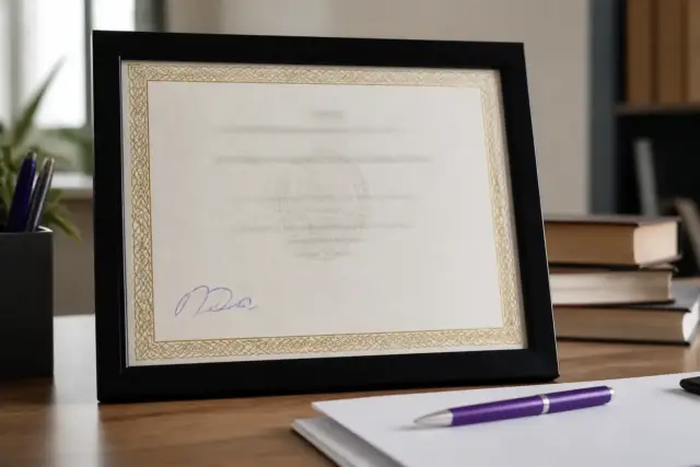 Un diplôme encadré posé sur un bureau de bois, annoté d’un trait d’encre violette au bas de la page