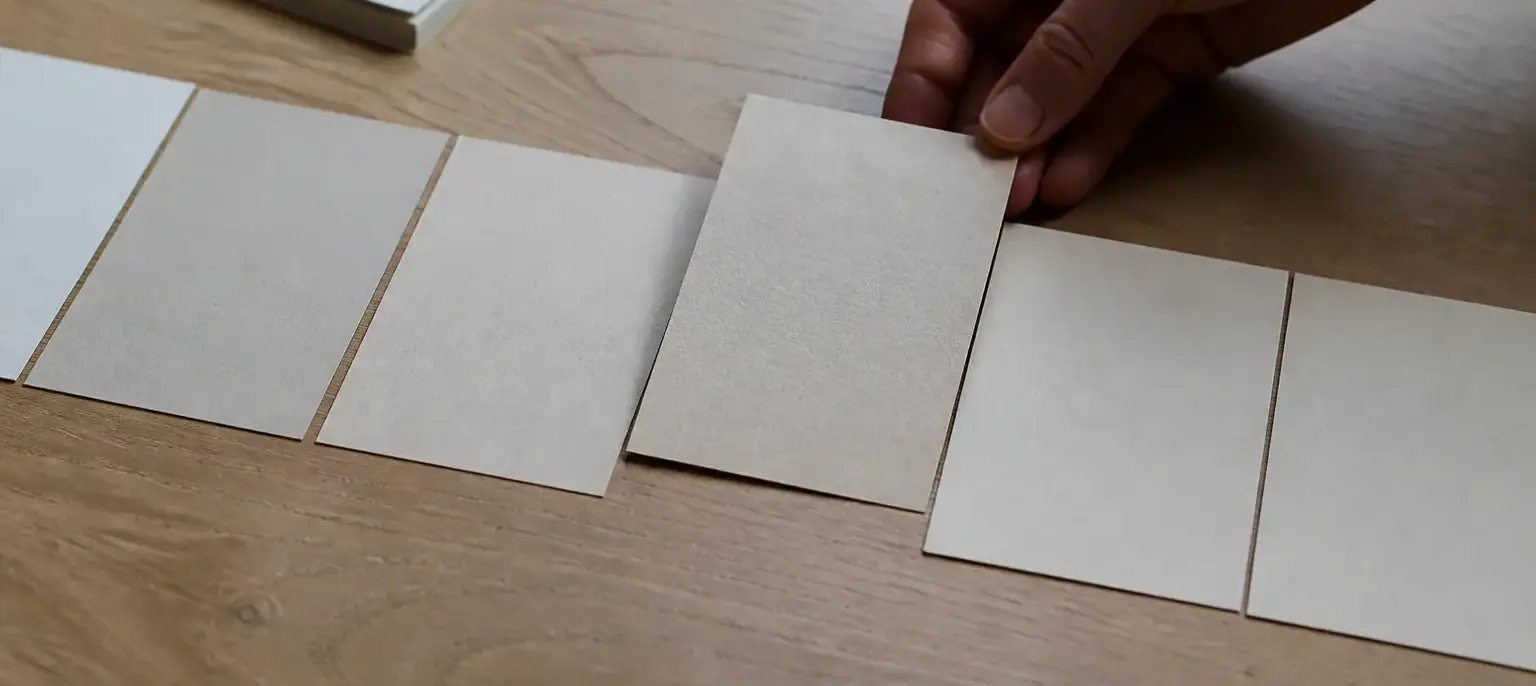 Rangée de petites cartes de papier crème de teintes à peine différentes, alignées sur une table en bois clair, l’une légèrement décalée