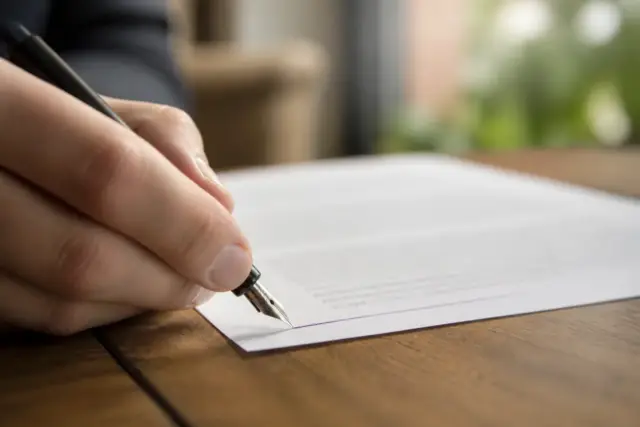 Une plume à l’encre violette ajoute une ligne au bas d’une page imprimée