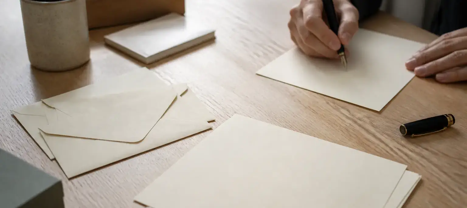 Papier à lettres crème, enveloppes et stylo plume posés sur un bureau en bois, lumière douce, aucun texte lisible