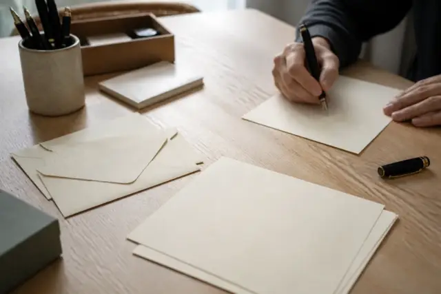 Papier à lettres crème, enveloppes et stylo plume posés sur un bureau en bois, lumière douce, aucun texte lisible