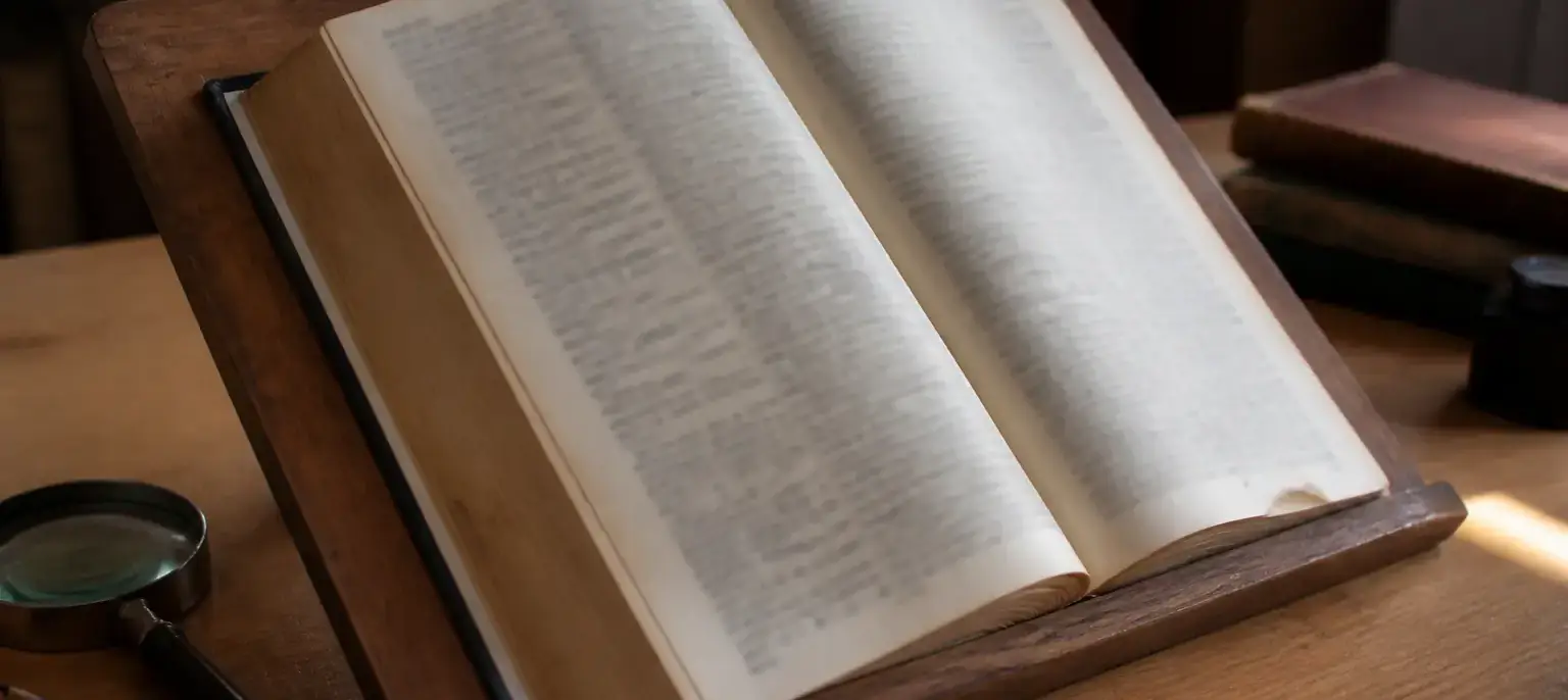Un dictionnaire ancien ouvert sur un pupitre, une loupe et un crayon violet posés à côté, la page floue