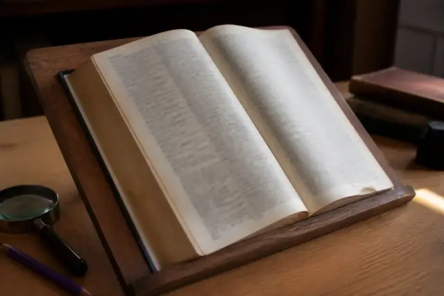 Un dictionnaire ancien ouvert sur un pupitre, une loupe et un crayon violet posés à côté, la page floue