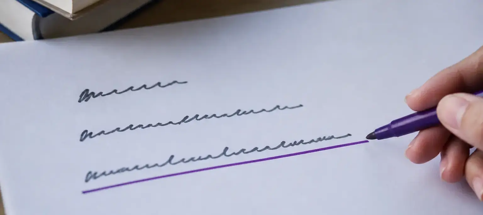 Trois versions d’une même phrase superposées sur une page, la plus longue soulignée à l’encre violette