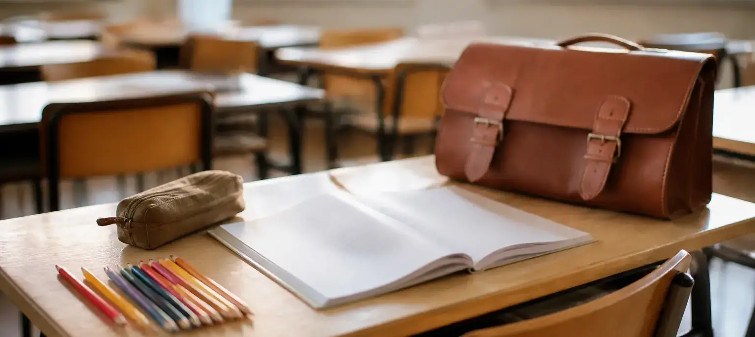Pupitre d’écolier en bois clair avec cartable en cuir, trousse, crayons de couleur et cahier ouvert, salle de classe lumineuse en arrière-plan