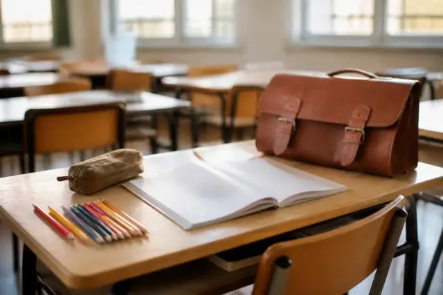 Pupitre d’écolier en bois clair avec cartable en cuir, trousse, crayons de couleur et cahier ouvert, salle de classe lumineuse en arrière-plan