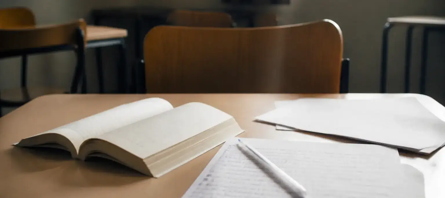 Un livre ouvert et des feuilles de notes sur une table d’examen, une chaise vide en face