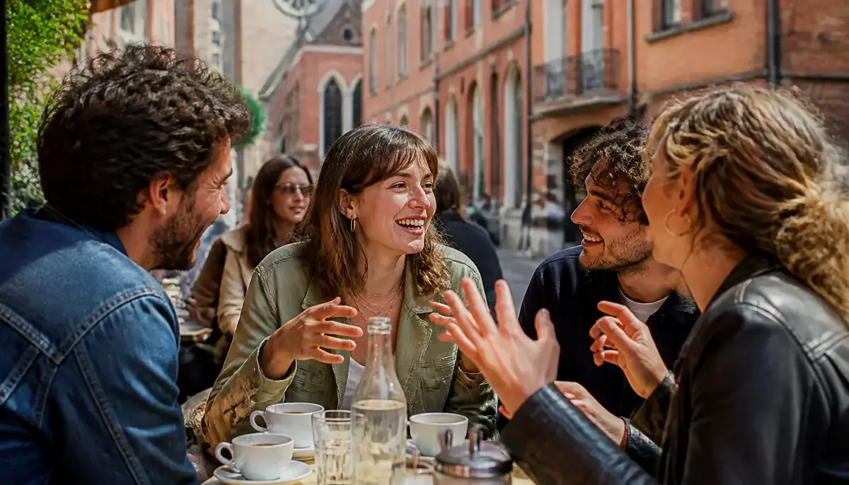 Quatre amis discutent joyeusement autour d'un café en utilisant une expression toulousaine.