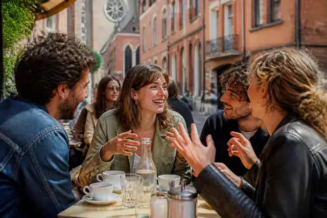 Quatre amis discutent joyeusement autour d'un café en utilisant une expression toulousaine.
