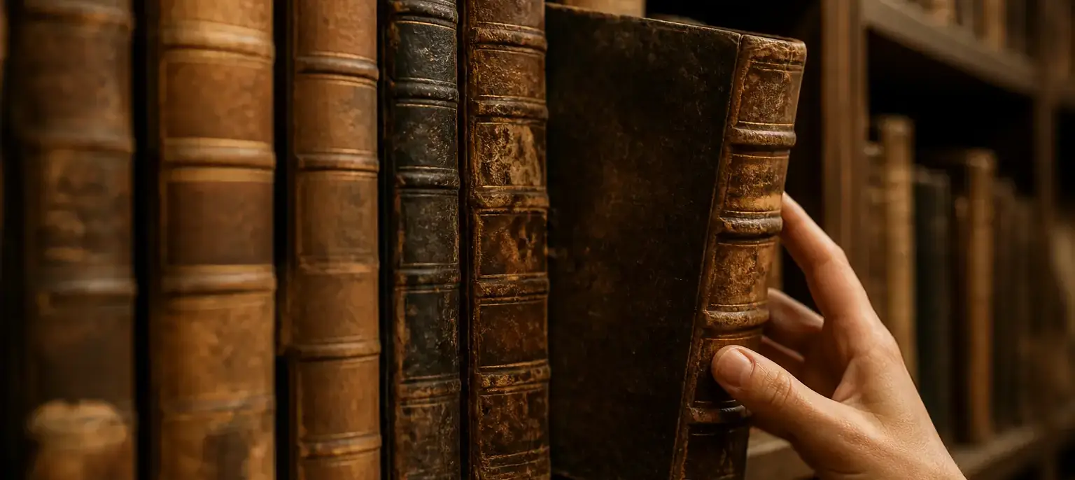 Rayonnage de vieux dictionnaires reliés en cuir patiné dont les dos ne portent aucun titre lisible