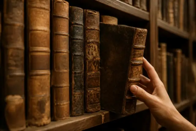 Rayonnage de vieux dictionnaires reliés en cuir patiné dont les dos ne portent aucun titre lisible