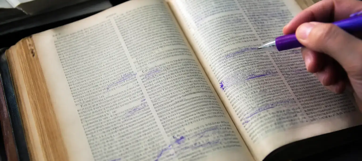 Une page de dictionnaire ancien annotée à l’encre violette, une entrée soulignée