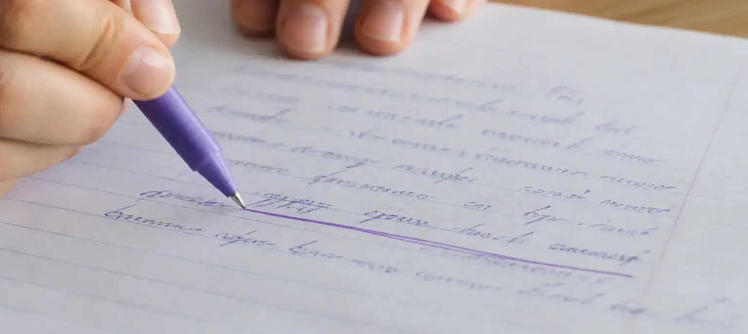 Deux phrases voisines, l’une soulignée à l’encre violette, sur une feuille de brouillon
