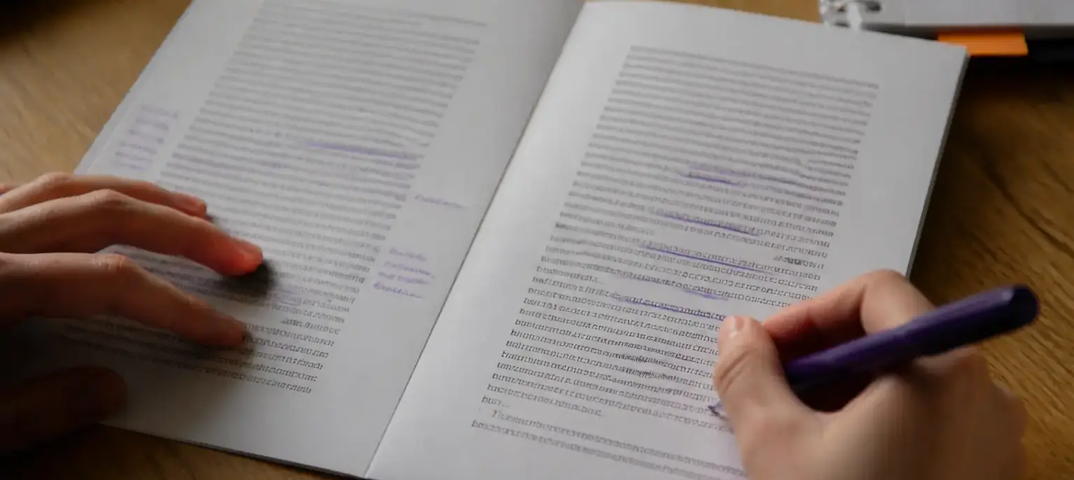 Deux colonnes de texte imprimé aux lignes alignées, annotées à l’encre violette
