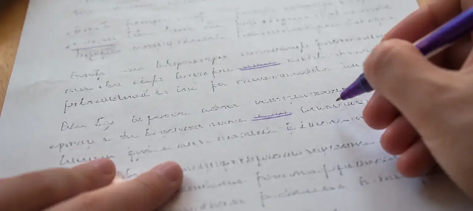 Une feuille manuscrite où le même mot est souligné trois fois à l’encre violette
