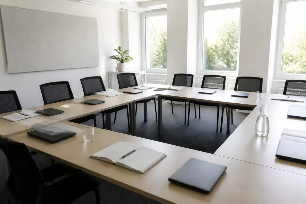 Salle de formation pour adultes vide et lumineuse, tables disposées en U avec carnets ouverts et ordinateurs portables fermés