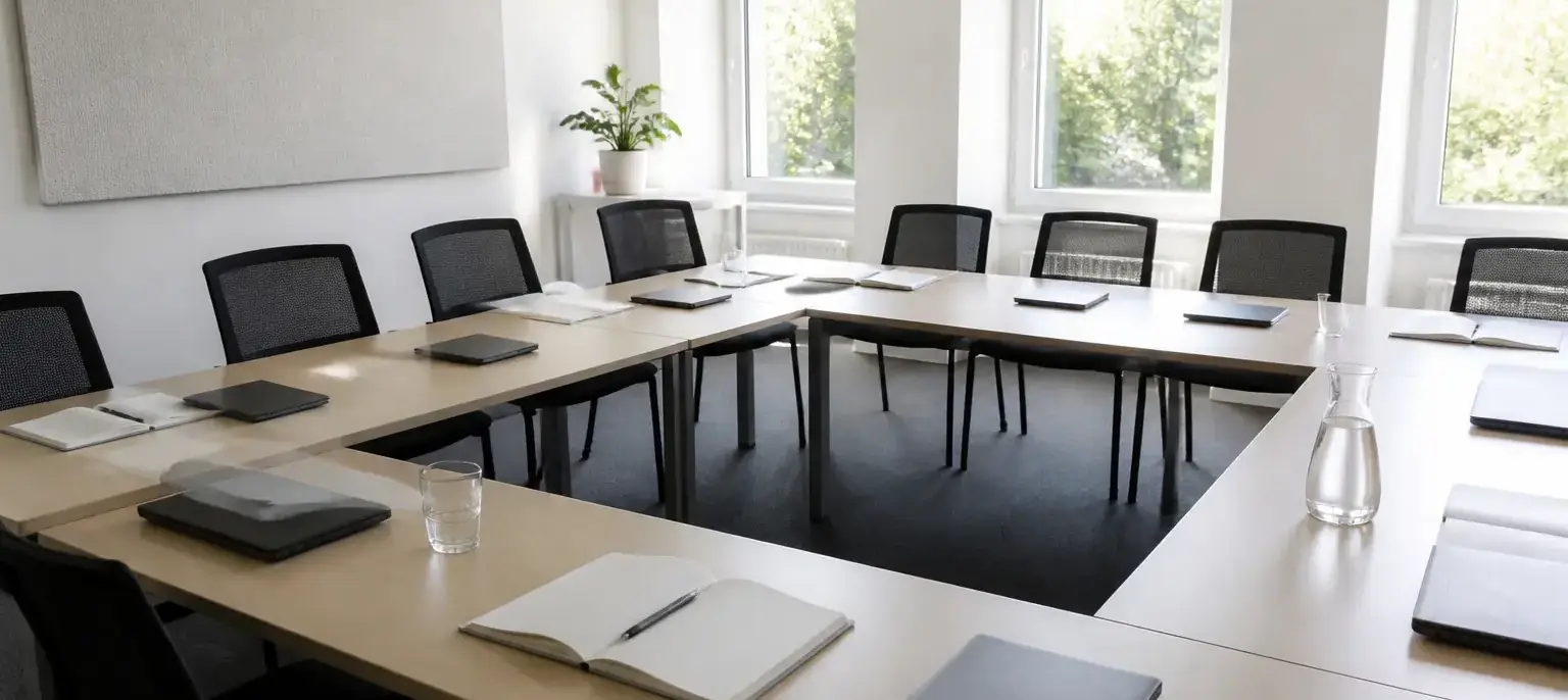 Salle de formation pour adultes vide et lumineuse, tables disposées en U avec carnets ouverts et ordinateurs portables fermés