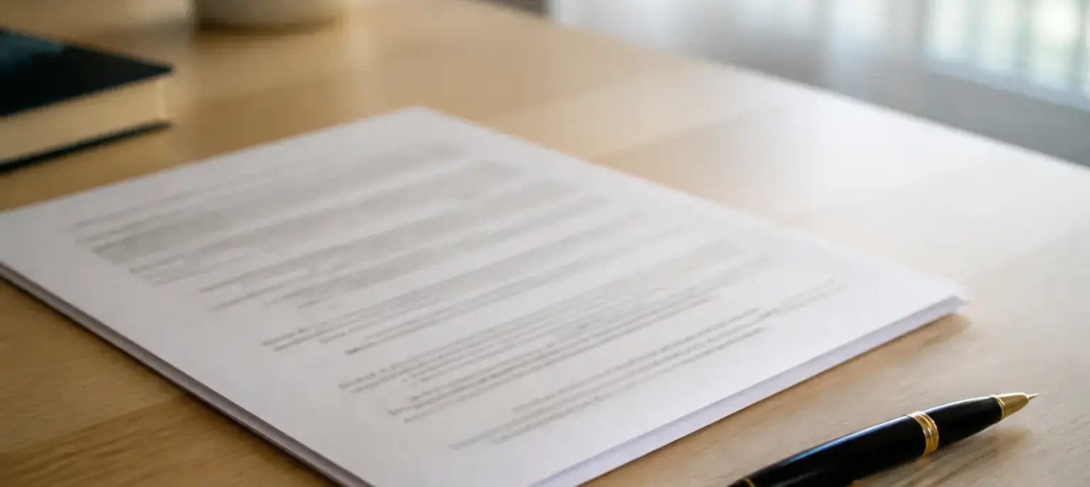 Un contrat imprimé posé sur un bureau, un stylo à côté, la page tournée vers une fenêtre lumineuse