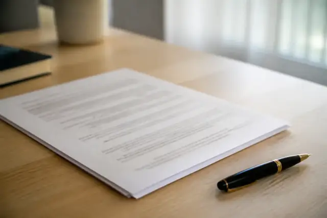Un contrat imprimé posé sur un bureau, un stylo à côté, la page tournée vers une fenêtre lumineuse
