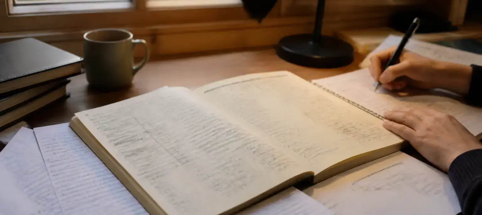 Un carnet ouvert sur une table, des feuilles annotées et une tasse, près d’une fenêtre en fin de journée