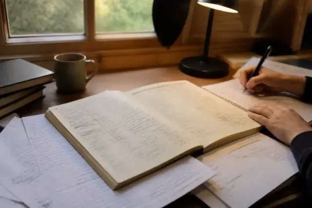 Un carnet ouvert sur une table, des feuilles annotées et une tasse, près d’une fenêtre en fin de journée