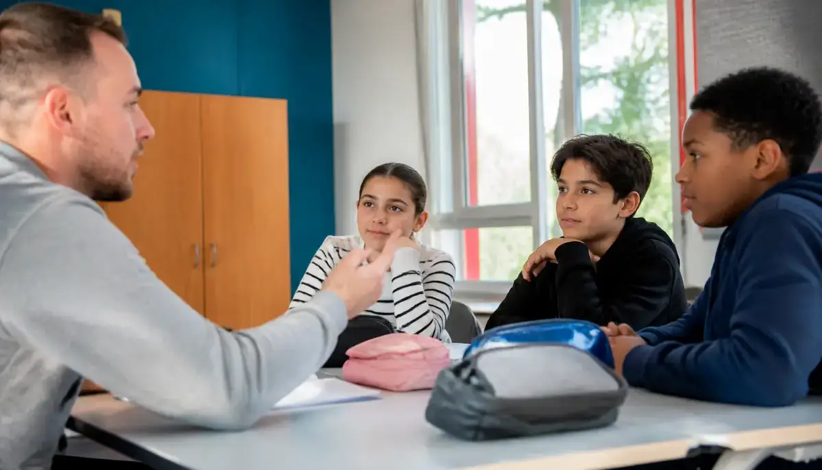 Un enseignant explique à trois élèves les homophones sont et son en classe