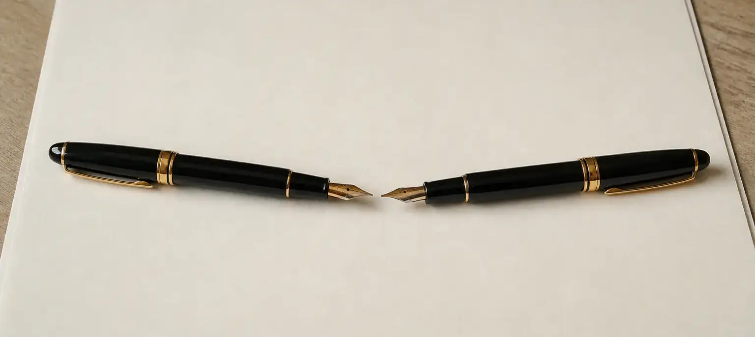 Deux stylos plume posés pointe contre pointe sur une feuille de papier blanc cassé, lumière douce