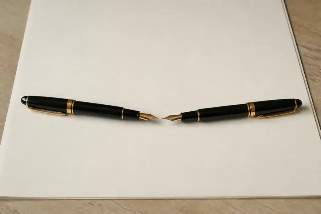 Deux stylos plume posés pointe contre pointe sur une feuille de papier blanc cassé, lumière douce