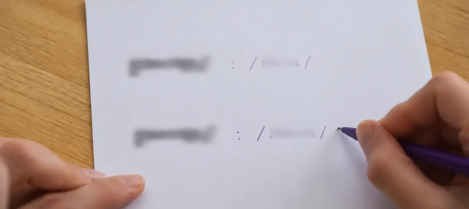 Un mot imprimé deux fois sur une feuille, avec deux prononciations notées à l’encre violette