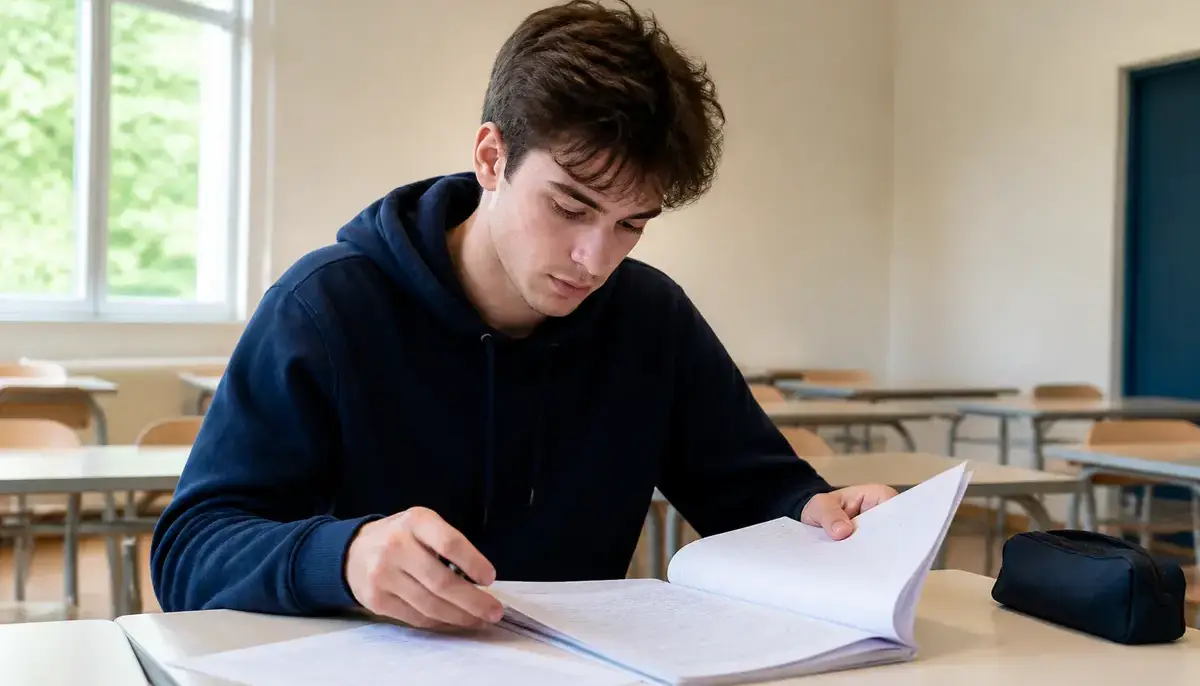 Un étudiant révise calmement en classe pour appliquer la méthode du grand oral.