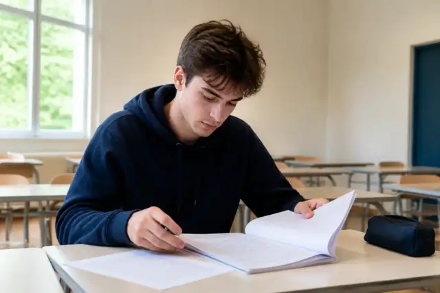 Un étudiant révise calmement en classe pour appliquer la méthode du grand oral.