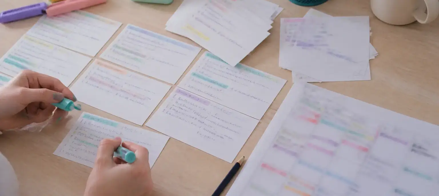 Fiches de révision en bristol étalées sur un bureau clair, surligneurs pastel, minuteur de cuisine et planning papier