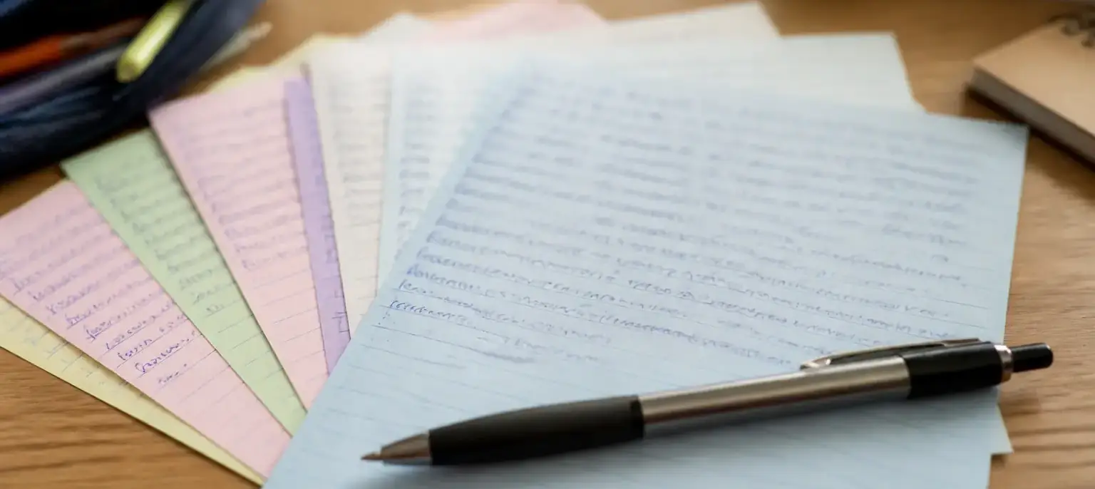 Des fiches bristol de couleurs pâles étalées en éventail sur un bureau, un stylo posé dessus