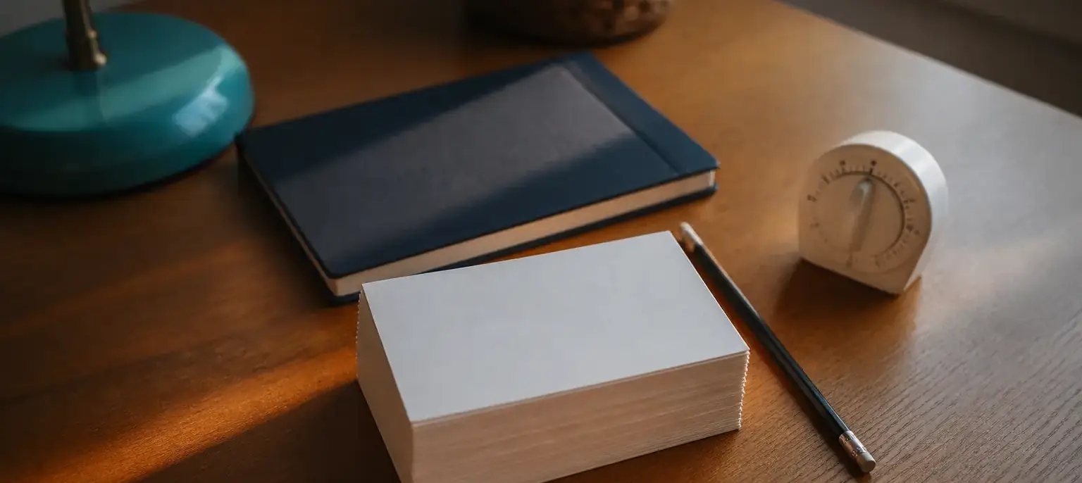 Un bureau d’élève avec des fiches cartonnées, un cahier fermé et un minuteur de cuisine