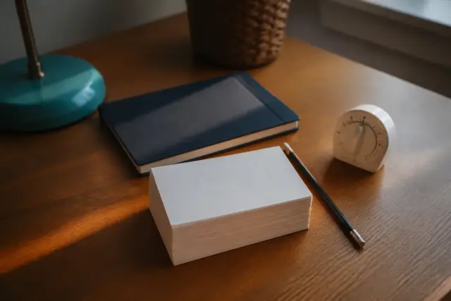 Un bureau d’élève avec des fiches cartonnées, un cahier fermé et un minuteur de cuisine