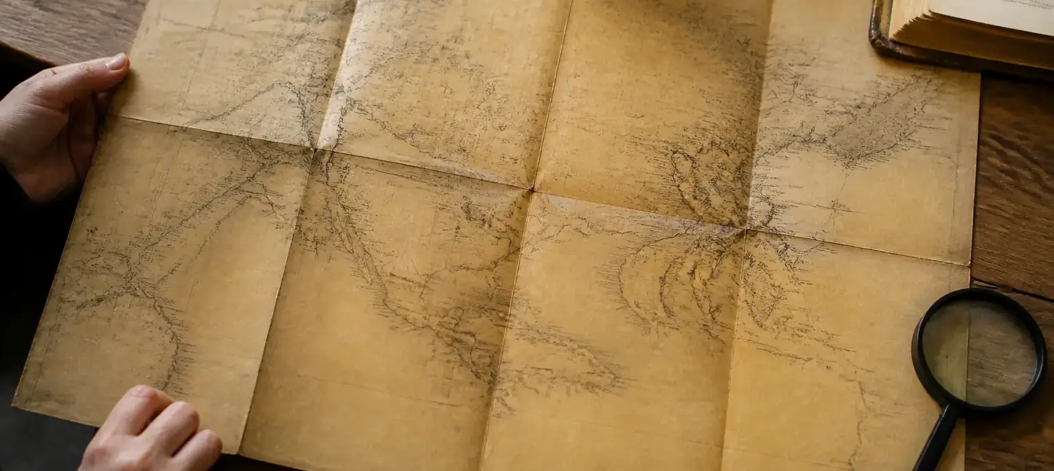 Carte ancienne en papier jauni dépliée sur une table, loupe posée à côté, aucun nom de lieu lisible, lumière du jour douce