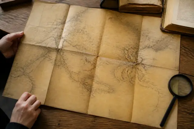 Carte ancienne en papier jauni dépliée sur une table, loupe posée à côté, aucun nom de lieu lisible, lumière du jour douce