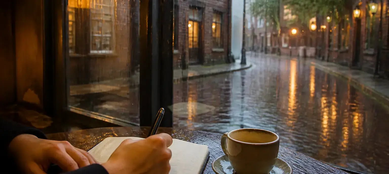 Rue de briques sous une pluie battante, vitrine éclairée d’un petit café au premier plan