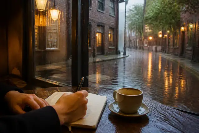 Rue de briques sous une pluie battante, vitrine éclairée d’un petit café au premier plan