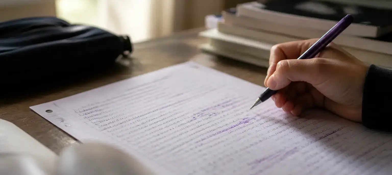 Une allée de platanes menant à une ferme de pierre, une feuille annotée à l’encre violette