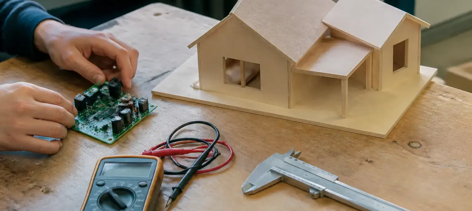 Une maquette de maison en bois, une carte électronique et des outils de mesure sur un établi de lycée