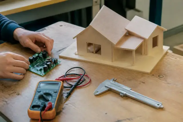 Une maquette de maison en bois, une carte électronique et des outils de mesure sur un établi de lycée
